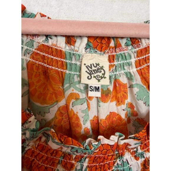 Ivy Jane Off the Shoulder Top S/M Green White Orange Bohoemian Rouched - Picture 5 of 7